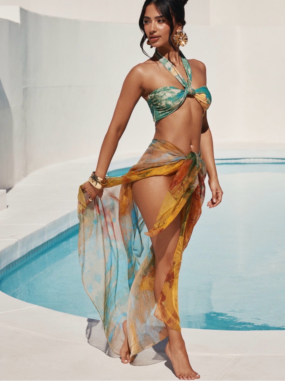 Tie-Front Green & Yellow Women's Bikini Top with Sheer Sarong